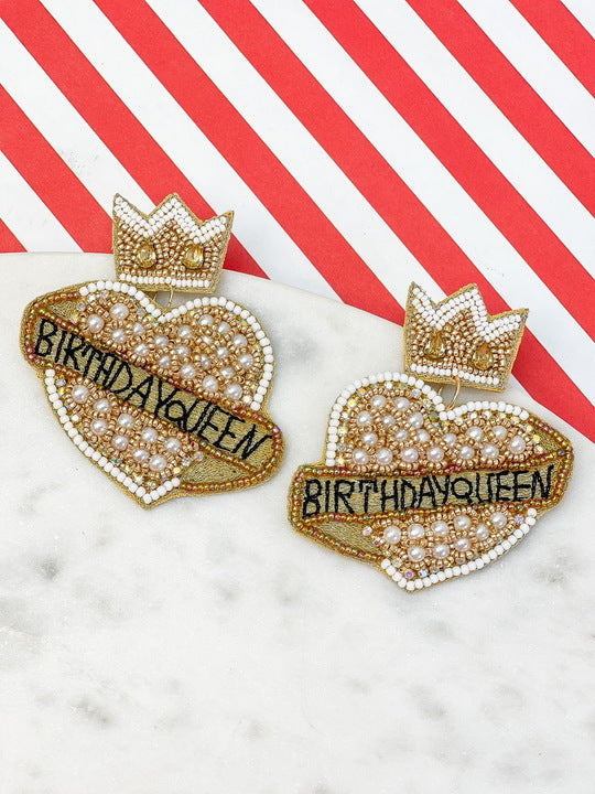 "Birthday Queen" Heart Beaded Dangle Earrings in Jet