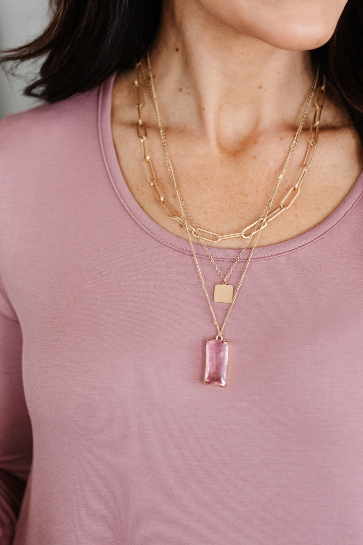 Baguette Bar Pendant Layered Necklace In Pink