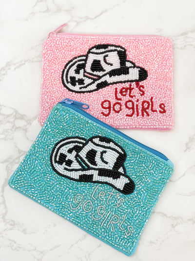 "Lets go Girls" Rodeo Hat Beaded Zip Pouch in Pink
