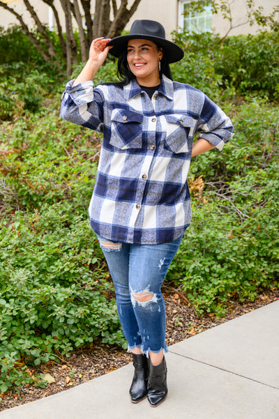 Jayne Brushed Plaid Button Down Shacket In Navy