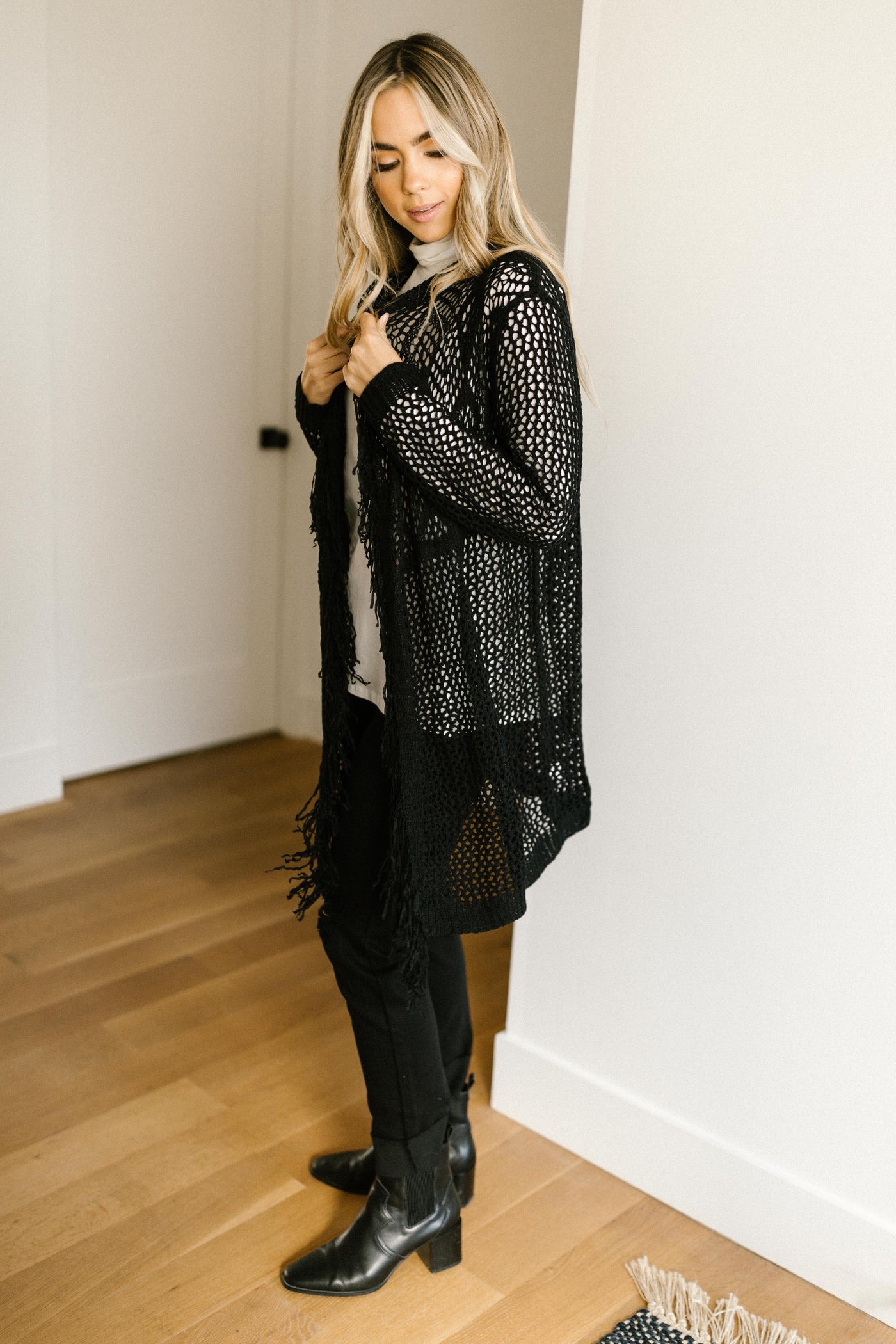 Knit And Fringe Cardigan in Black