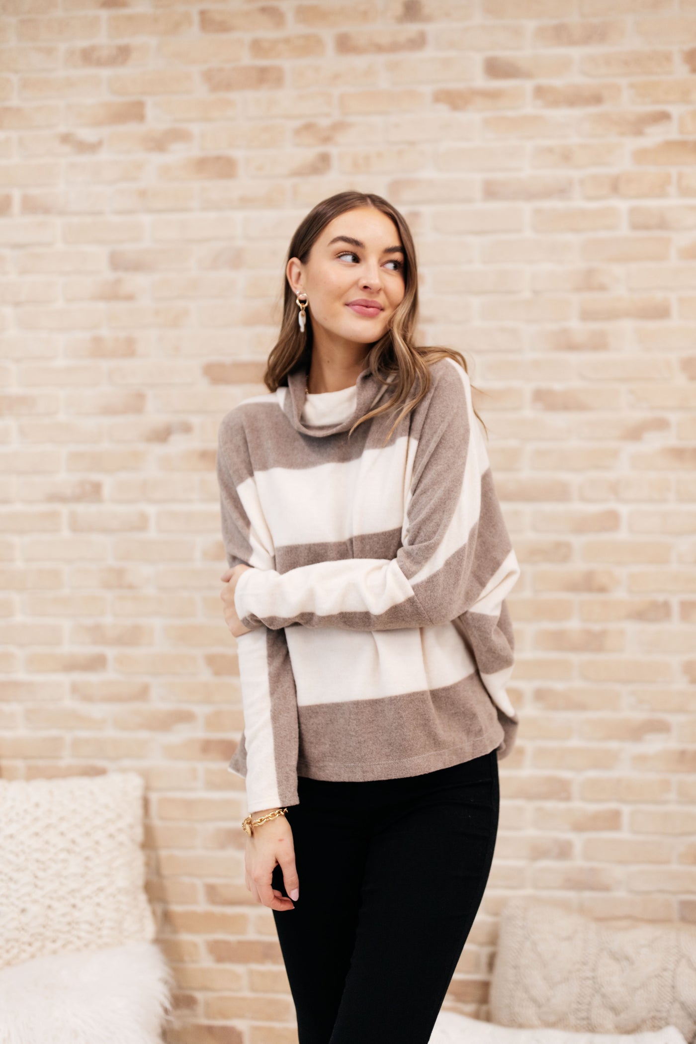 On The Stripes Cowl Neck in Mocha