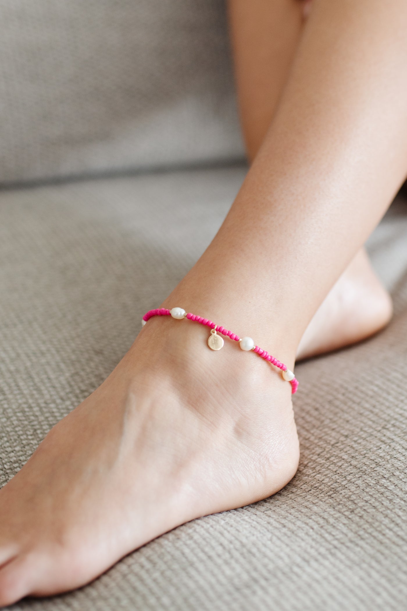 Seed Bead Anklet In Hot Pink