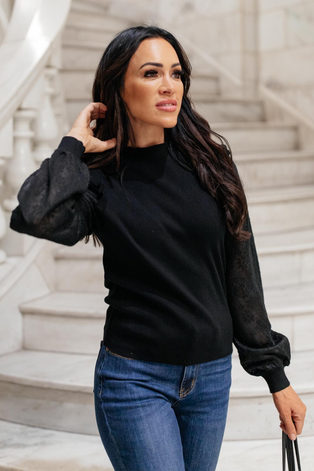 Thrills And Frills Mock Neck Sweater in Black