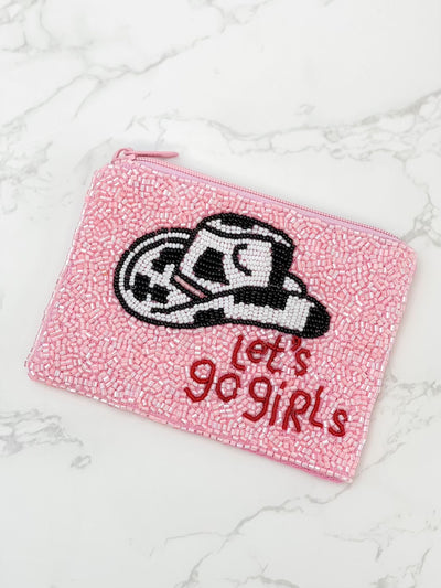 "Lets go Girls" Rodeo Hat Beaded Zip Pouch in Pink