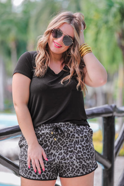 Spot On Leopard Drawstring Everyday Shorts in Charcoal